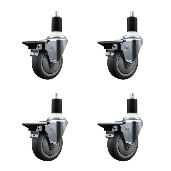 4'' Thermoplastic Rubber Swivel 1-1/2'' Expanding Stem Caster Set with Brake, 4PK